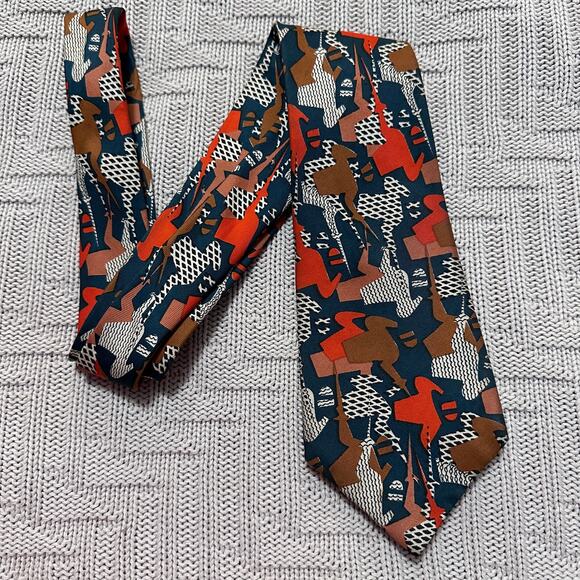 Vintage 70s Roxy abstract horse print silk tie - Picture 1 of 5